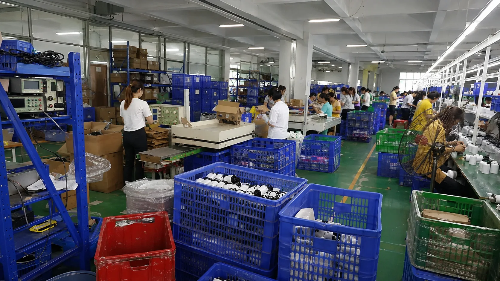 Planta de montaje con contenedores, estaciones de trabajo y cartones para producción recargable