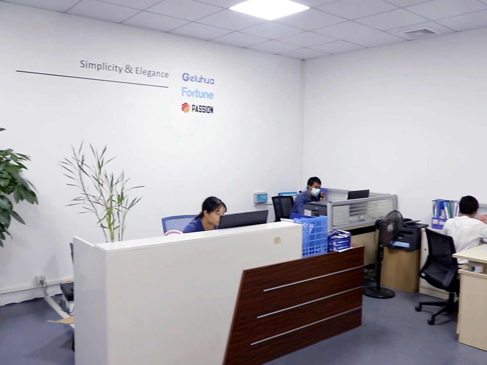 Área de showroom y oficina para revisión de productos por clientes